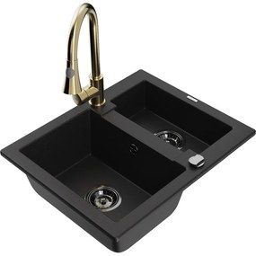 Mexen Carlos, 1,5-komorový granitový drez 582x475x177 mm a drezová batéria Elia, čierna, 6518-77-670101-50-B