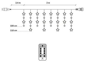 Vianočná led svetelná záclona na spájanie vonkajšia - hviezdy - programy - časovač + diaľkový ovládač - 136led - 2m studená biela