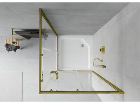 Mexen Rio, štvorcový sprchovací kút s posuvnými dverami 90(dvere) x 90(dvere) x 190 cm, 6mm číre sklo, zlatý profil + biela sprchová vanička RIO, 860-090-090-50-00-4510
