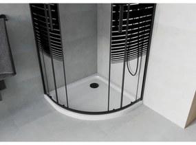 Mexen Rio, štvrťkruhový sprchovací kút s posuvnými dverami 90(dvere) x 90(dvere) x 190 cm, 6mm číre sklo s pásikmi, čierny profil + biela sprchová vanička Slim, 863-090-090-70-20-4110B