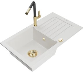Mexen Pablo, 1-komorový granitový drez 752x436x161 mm a drezová batéria Flora, biela, 6510-20-670401-57-G