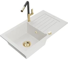 Mexen Pablo, 1-komorový granitový drez 752x436x161 mm a drezová batéria Flora, biela, 6510-20-670401-57-G