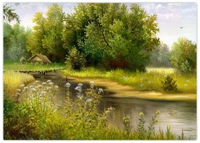 Sklenený obraz - Rieka pri lese, olejomaľba (70x50 cm)