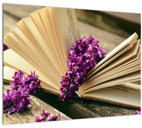 Obraz knihy a fialovej kvetiny (70x50 cm)