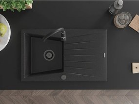 Mexen Cesar, granitový drez 775x470x190 mm, 1-komorový, čierna-strieborná metalíza s čiernym sifónom, 6514771010-73-B