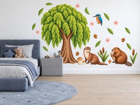 Vŕba s bobrom a vydrou riečne akvarelové nálepky na stenu hárok 46 x 34 cm