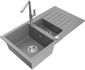 Mexen Matias, 1,5-komorový granitový drez 900x505x200 mm a drezová batéria Flora, šedá, 6502-71-670401-00