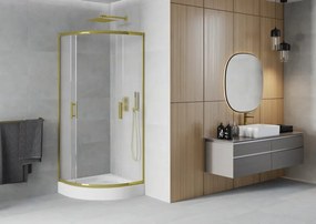 Mexen Rio, štvrťkruhový sprchovací kút s posuvnými dverami 90(dvere) x 90(dvere) x 190 cm, 6mm sklo námraza, zlatý profil + biela sprchová vanička RIO, 863-090-090-50-30-4710