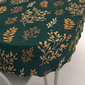 Biante Bavlnený oválny obrus Sandra SA-742 Zlaté vetvičky s lístkami na tmavo zelenom 80x120 cm