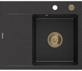 Mexen Ben, 1-komorový granitový drez 600x500x190 mm, pravý + zlatý sifón, čierna-strieborná metalíza, 6523605000-73-G