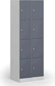 Šatníková skrinka S1 s úložnými boxmi, 4 boxy, 1850 x 300 x 500 mm, cylindrický zámok, tmavosivé dvere