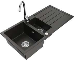 Mexen Andres, granitový drez 1000x500x200 mm, 1,5-komorový, čierna - zlatá metalíza s chrómovým sifónom a chrómová drezová batéria Telma, 6515-75-670200-00