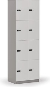 Drevená šatníková skrinka S4 s úložnými boxmi, 8 boxov, demont, mechanický kódový zámok, sivá/biela