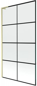 Mexen Next L, 1-krídlová vaňová zástena 100 x 150 cm, 6mm číre sklo-čierny vzor, zlatý matný profil, 895-100-000-03-77-55