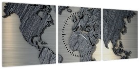 Obraz - Mapa sveta v kamennej textúre (s hodinami) (90x30 cm)