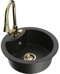 Mexen Diego, 1-komorový granitový drez 488x488x167 mm a drezová batéria Elia, čierna-zlatá metalíza, 6512-75-670101-50