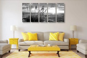 5-dielny obraz západ slnka na pláži v čiernobielom prevedení - 200x100
