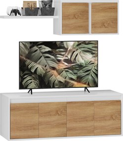 HOMCOM TV Stojan a Nábytok na Stenu Set s 7 Policami a Otvorenou Policou, Drevotrieska TV Stojan, 120x41x43,3 cm, Biela a farba dreva | Aosom