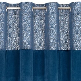 Modrý zamatový záves so zavesením na kruhy s lesklým ornamentálnym pásom 140 x 250 cm
