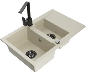 Mexen Gaspar, granitový drez 737x475x177 mm, 1,5-komorový a čierna batéria Rita, béžová, 6507-69-670300-70