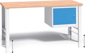 Výškovo nastaviteľný pracovný stôl do dielne G3 so závesnou skrinkou na náradie, buková škárovka, 1500 x 685 x 840 - 1050 mm, modrá