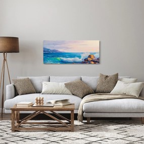 Obraz vĺn narážajúcich na útesy, olejomaľba (120x50 cm)