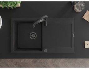 Mexen Leo, granitový drez 900x500x190 mm, 1-komorový a drezová batéria Aster, čierna, 6501-77-73450-70-B