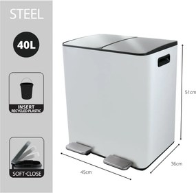 Matne biely oceľový odpadkový kôš 2x20 l na triedený odpad/nášľapný Aliya – Spirella