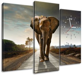 Gario Obraz s hodinami Osamelý silný slon - 3 dielny Rozmery: 90 x 70 cm