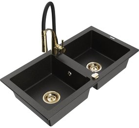 Mexen Mario, granitový drez 820x436x161 mm, 2-komorový a drezová batéria Aster, čierna-zlatá metalíza, 6504-75-73450-57-G