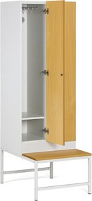 Šatníková skrinka S1 s lavičkou, 2 oddiely, 1875 x 600 x 500/800 mm, zámok s čítačkou RFID kariet, laminované dvere, biela