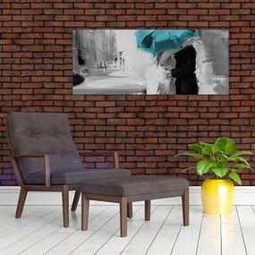 Obraz - Zamilovaný pár s dáždnikom, modrý (120x50 cm)