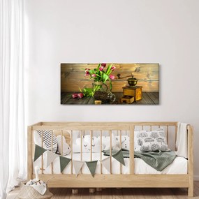 Obraz - tulipány, mlynček a káva (120x50 cm)