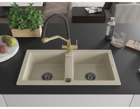 Mexen Mario, granitový drez 820x436x161 mm, 2-komorový a drezová batéria Duo, béžová, 6504-69-671701-57-B