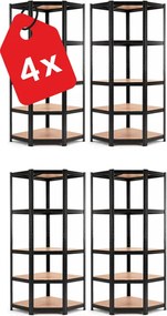 Akcia 4x Regál 180x90x40 cm rohový lakovaný 5-polícový, nosnosť 875 kg - čierny - 4ks