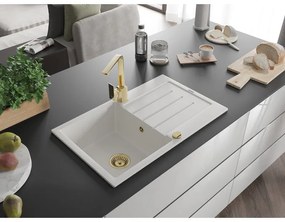 Mexen Bruno, drez granitový 795x495x200 mm, 1-komorový, biela so zlatým sifónom a zlatá drezová batéria Rita, 6513-20-670300-50
