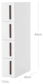 Úzky regál na kolieskach so 4 zásuvkami TROLLEY 17x84 cm, biely