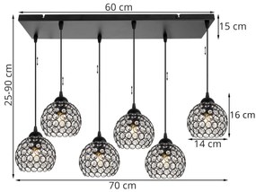 Závesné svietidlo CRYSTAL, 5x čierne krištáľové tienidlo