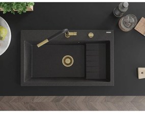 Mexen Omar, 1-komorový granitový drez 800x480x210 mm, čierna škvrnitá, zlatý sifón, 6520801005-76-G