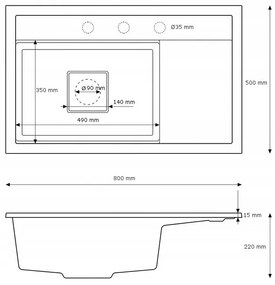 Gamma Quadro 8151, 1-komorový granitový drez 800x500x220 mm, biela, GMA-ZLE000183