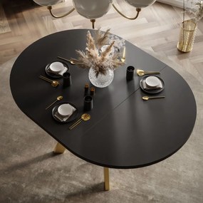 OKRÚHLY ROZKLADACÍ JEDÁLENSKÝ STÔL EWALD ČIERNY MATNÝ + ZLATÉ NOHY 100/140 cm