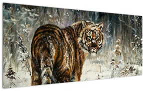 Obraz - Tiger v zasneženom lese, olejomaľba (120x50 cm)