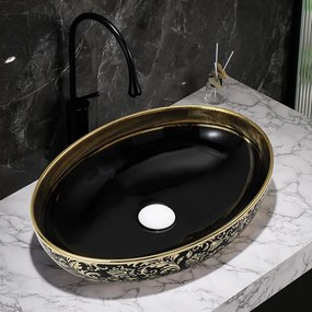 BPS-koupelny Keramické umývadlo na dosku HYD-KI-BL-MOD6-500 50x37 cm, čierna lesk/zlatá