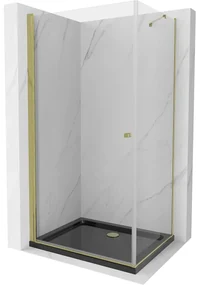 Mexen Pretoria, sprchovací kút 70 (dvere) x 90 (stena) cm, 6mm číre sklo, zlatý profil + čierna sprchová vanička, 852-070-090-50-00-4070G