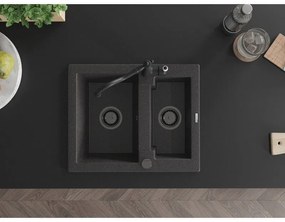 Mexen Carlos, granitový drez 582x475x177 mm, 1,5-komorový a drezová batéria Carla, čierna škvrnitá, 6518-76-670700-70-B
