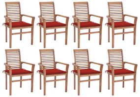 Jedálenské stoličky 8 ks červené podložky tíkový masív 3072979