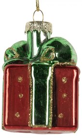 Vianočná sklenená závesná ozdoba červený darček - 4*4*6 cm