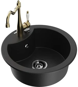 Mexen Diego, granitový drez 488x488x167 mm, 1-komorový a drezová batéria Carla, čierna, 6512-77-670700-50-B