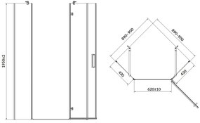 Cersanit Jota, 5-uhoľníkový sprchovací kút 90x90x195 cm, pravé dvere, 6mm číre sklo, čierny profil, S160-015