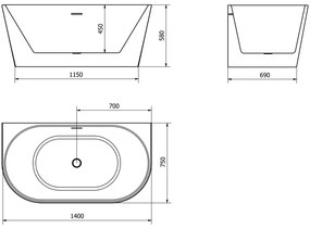 Mexen Oval, voľne stojaca nástenná vaňa 140 x 75 cm, biela, chrómový prepad, 52671407500-01